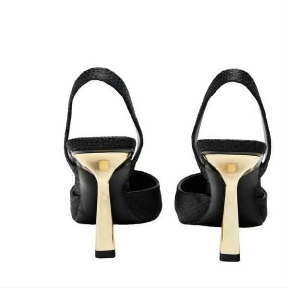 NWT ZARA RAFFIA HIGH HEEL SLINGBACKS BLACK / GOLD SIZE:9 OR SIZE: 40 - Picture 3 of 5